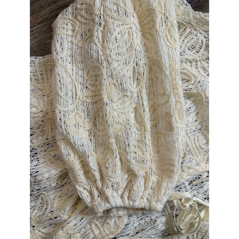 Cream Floral Lace Tie Front Shrug Cardigan Puff Sleeve Cropped Boho Top